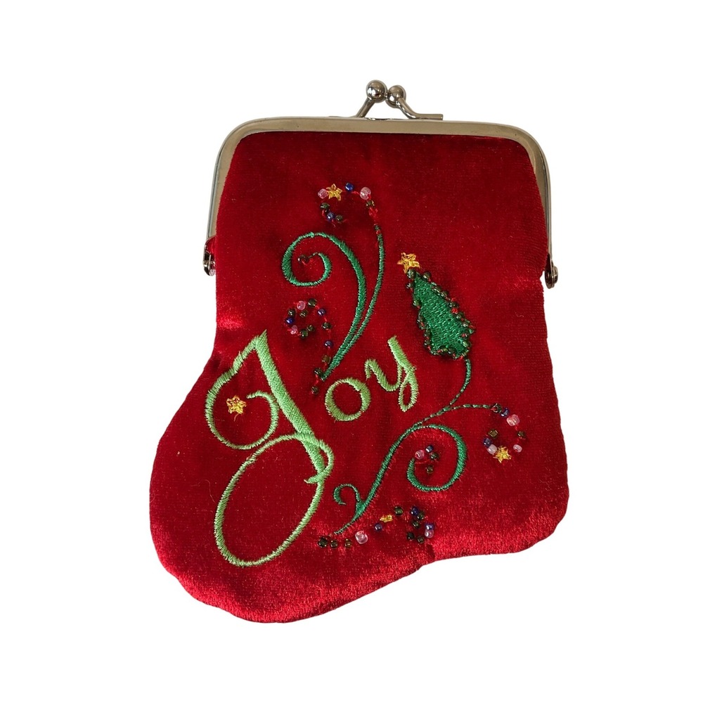 Vintage Vendula London Change Purse Velour Red Christmas Stocking‎ Embroidered